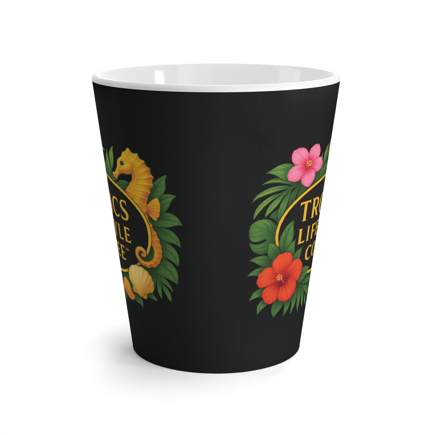 Latte White Mug - Seahorse Fantasy, Black / TLCoffee Logo