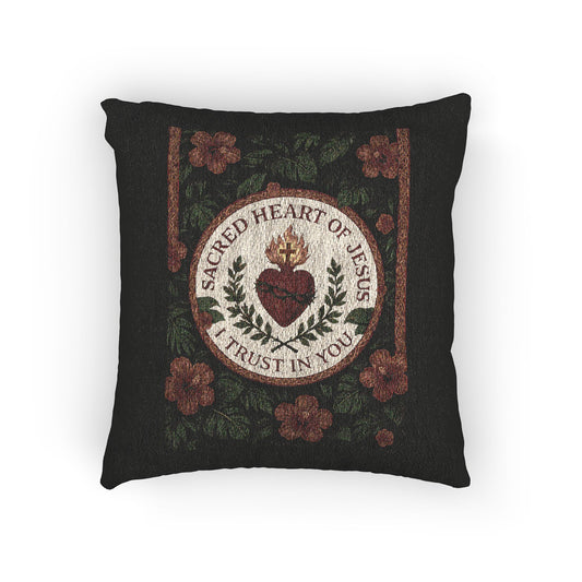 Religious Woven Pillow, 17"W x 18"L - Sacred Heart of Jesus Prayer, Black