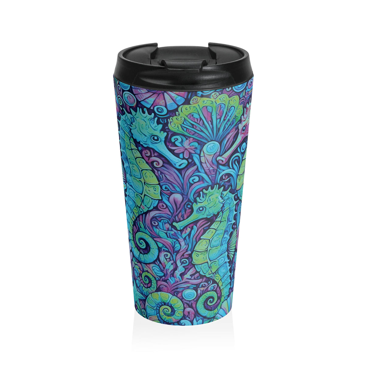 15 oz. Stainless Steel Travel Mug / Seahorse Trio Turquoise