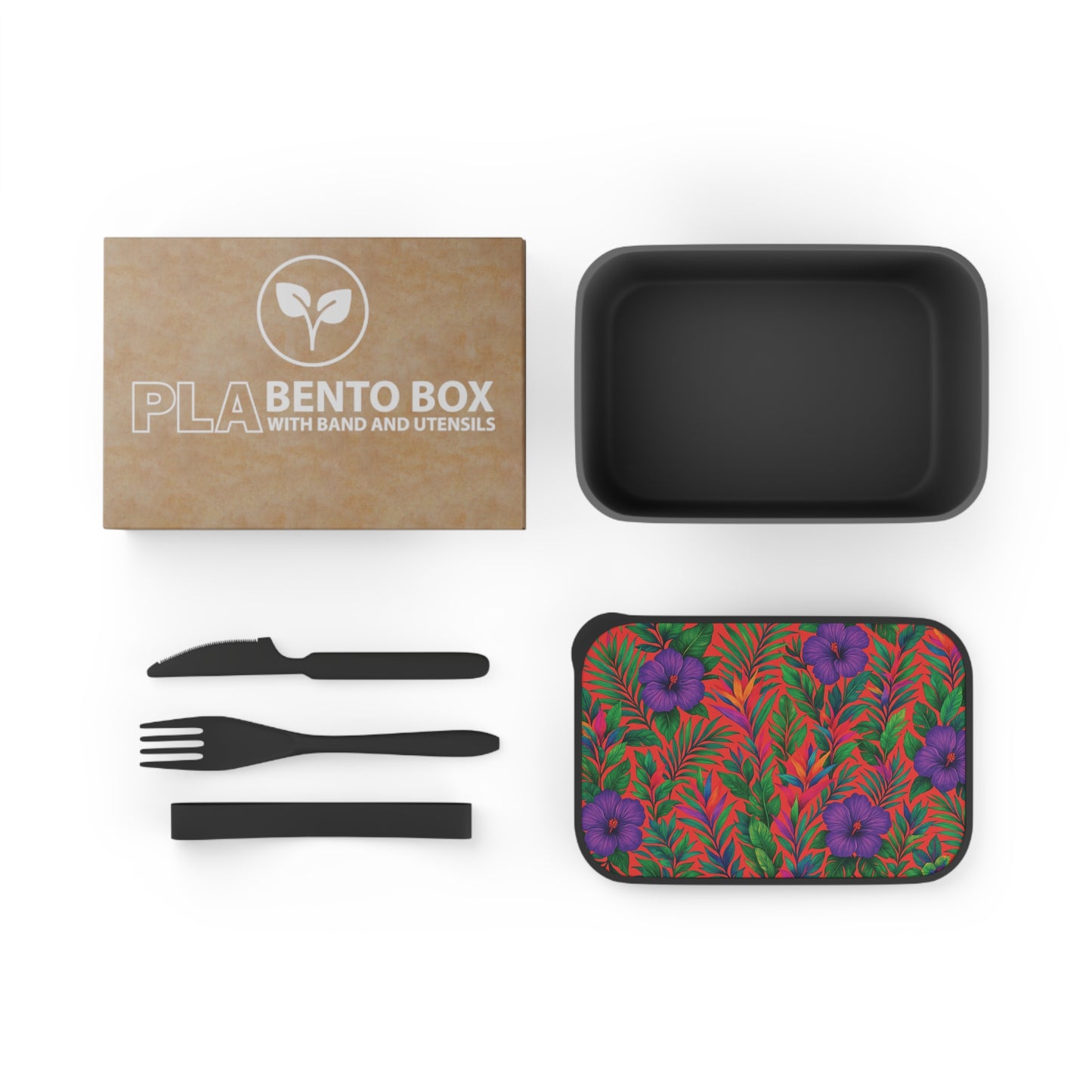 Bento Box with Utensils - Midnight Flower Coral