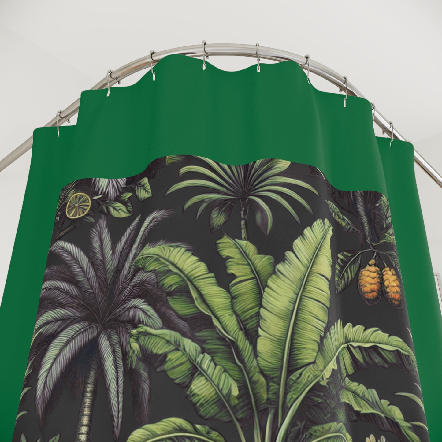 Palm Tree Shower Curtain - Ocean Bathroom Decor / Tropical Fruit, Dark Green