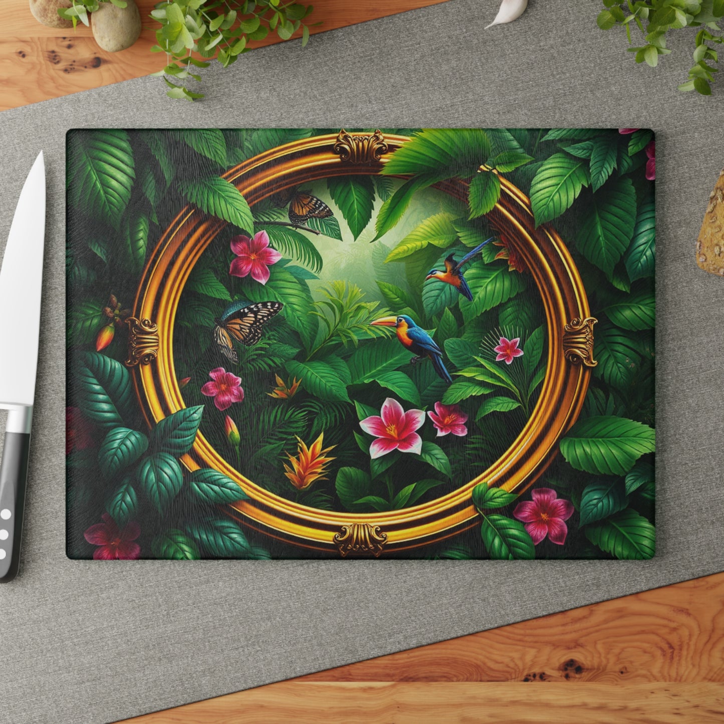 Glass Cutting Board, 2 sizes - Framed Rainforest