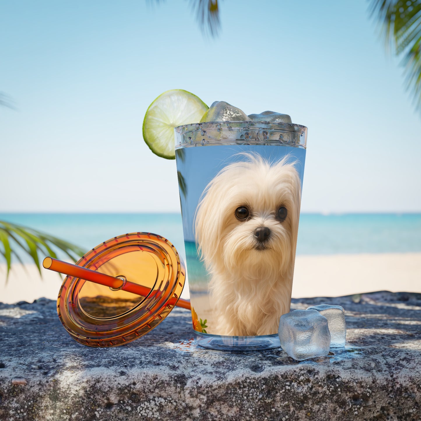 Tropical Tumbler with Straw | 16oz Colorful Travel Cup / Puppy Ariel at the Beach