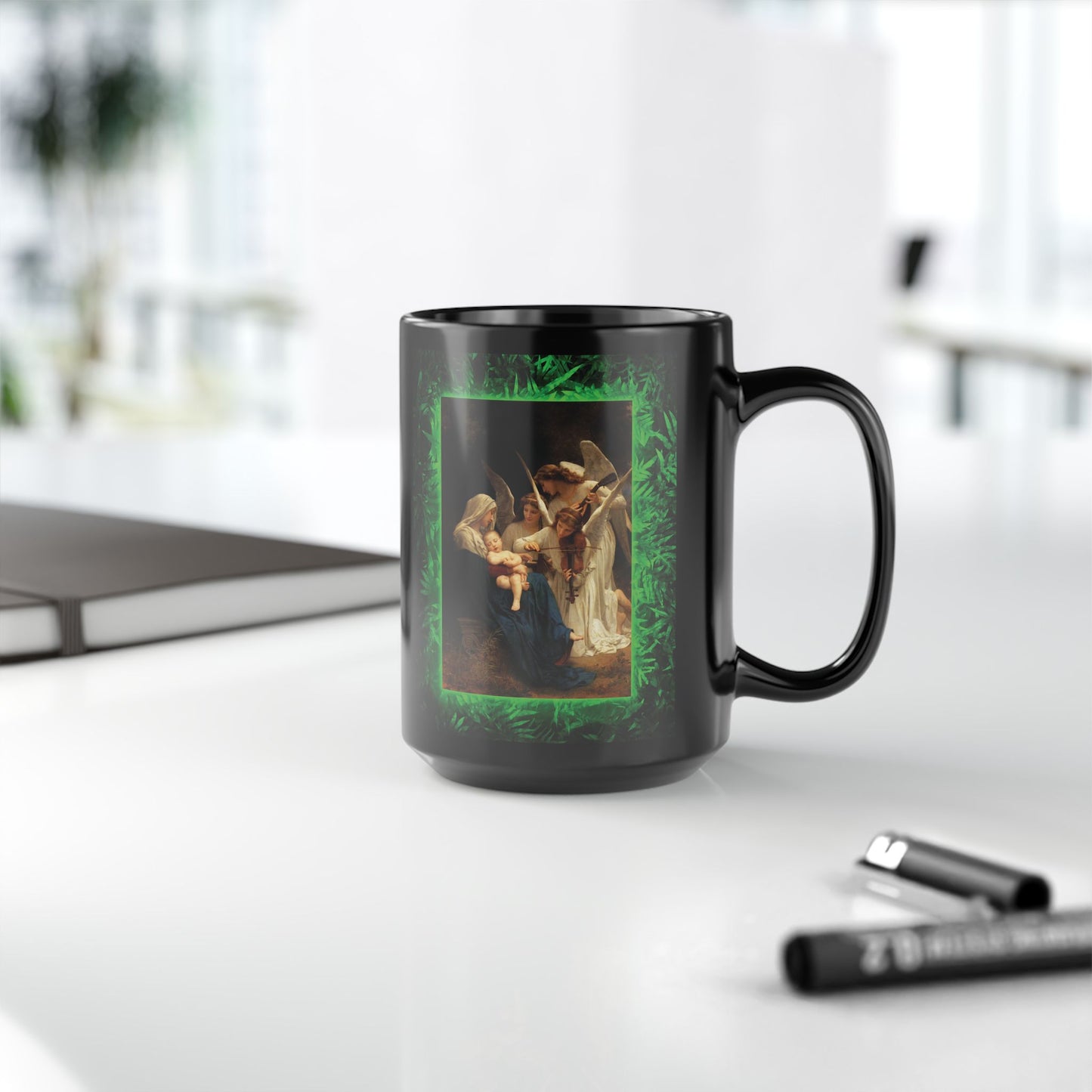 Black Coffee Mug, Religious - Tropical Glow, Song of the Angels