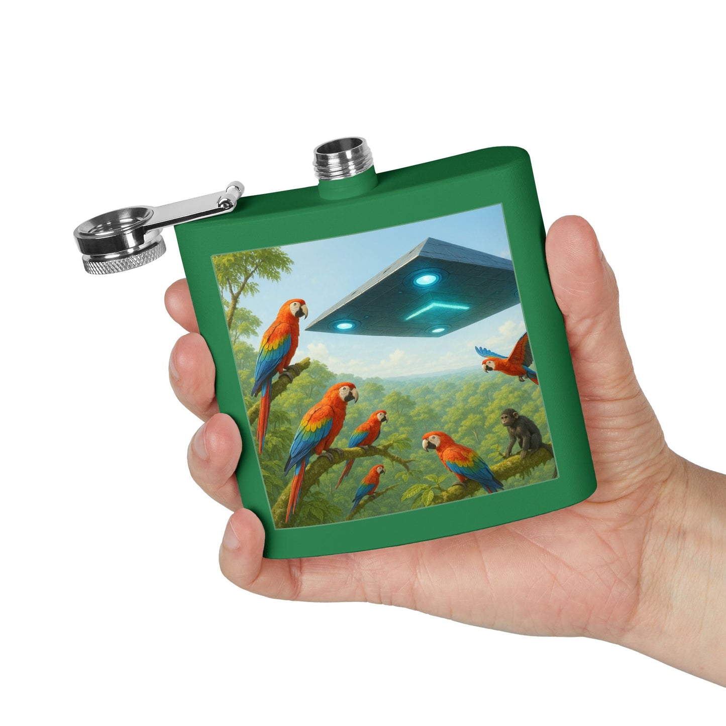 Tropical Stainless Steel 6 oz. Flask, Many Colors  – UFO and Macaws