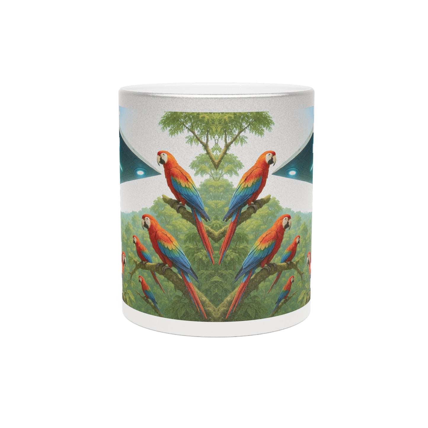 Tropical Metallic Mug, Gold or Silver: UFO and Parrots