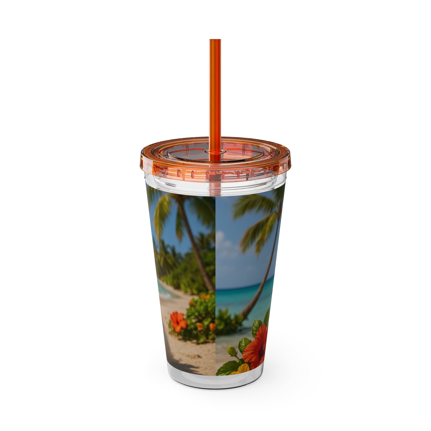 Tropical Tumbler with Straw | 16oz Colorful Travel Cup / Puppy Ariel at the Beach