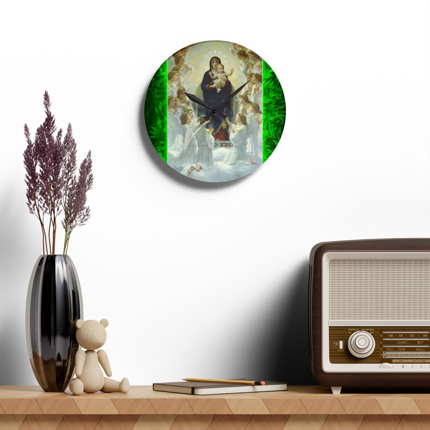 "Tropical Glow Our Lady Mary With Angels" Acrylic Wall Clock - Elegant Religious Decor for Home and Office