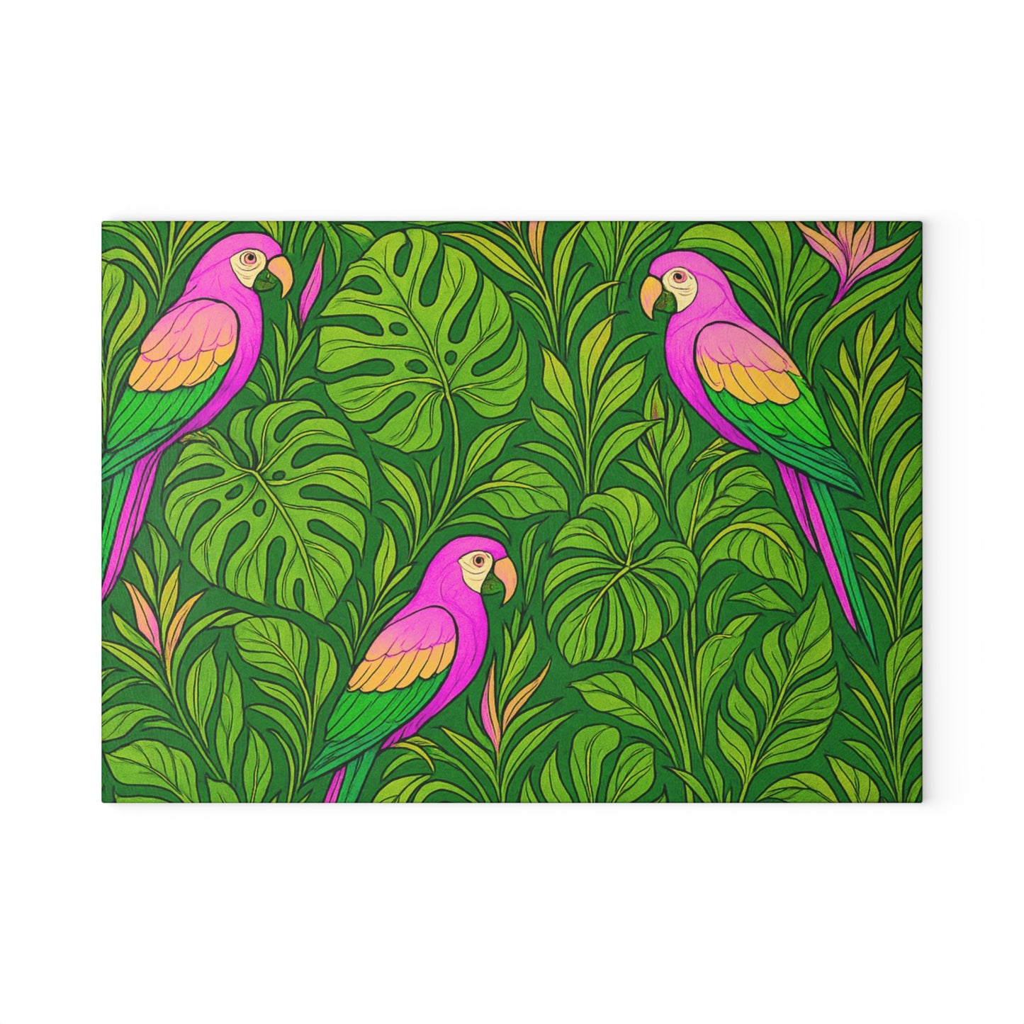 Glass Cutting Board, 2 sizes - Parrot Family/Pink