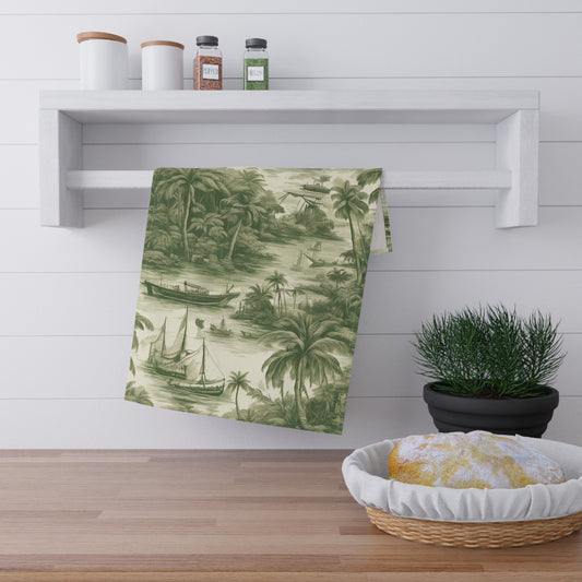 Tea Towels (cotton, poly), Tropical Toile #1, Green