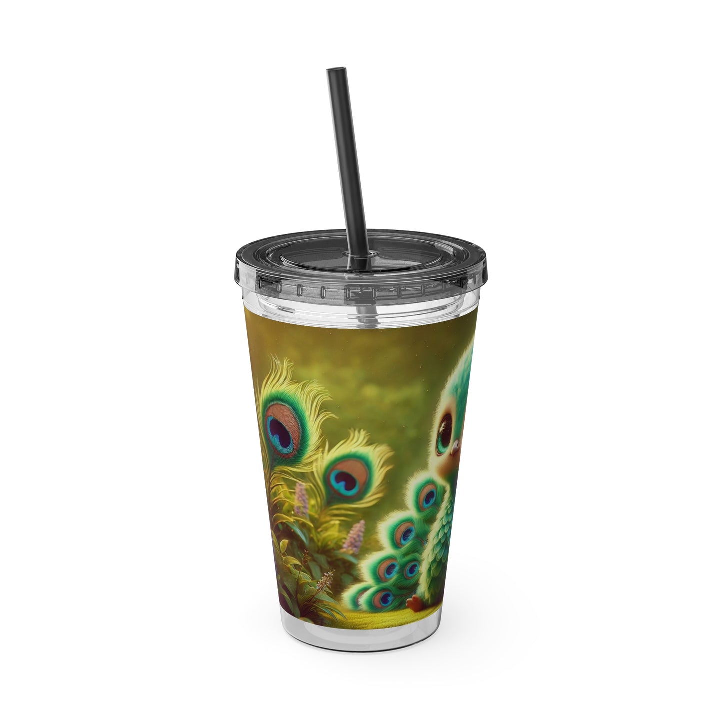 Tropical Tumbler with Straw | 16oz Colorful Travel Cup / Baby Peacock