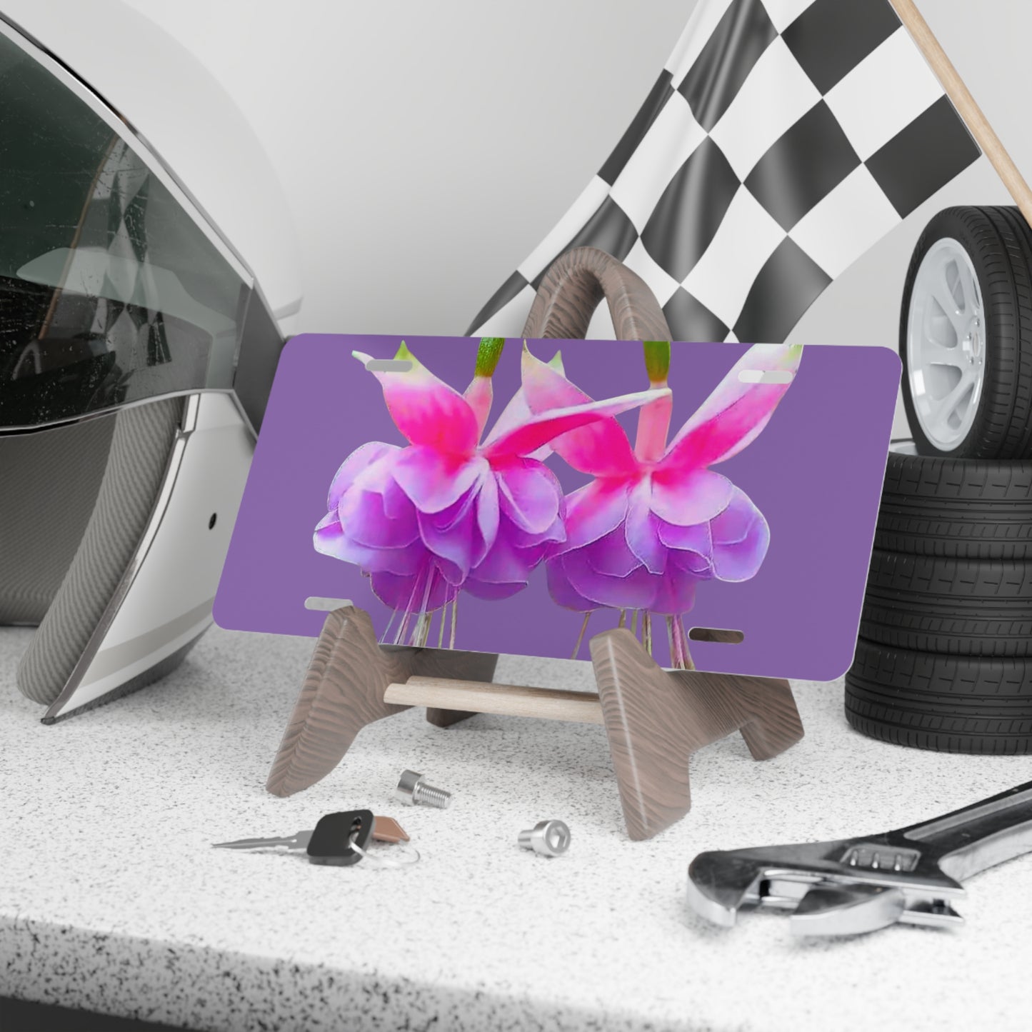 Real Two Fuchsias Vanity Plate, Lt. Purple - Tropical Floral Design for Cars, Trucks, and Decor