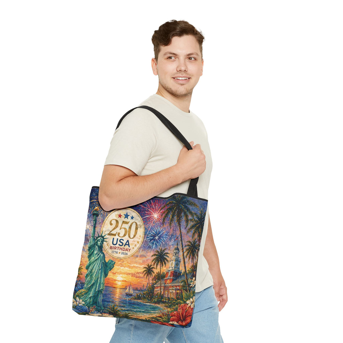 Tote Bag — 250th USA Birthday Patriotic Beach Tote with Statue of Liberty & Fireworks