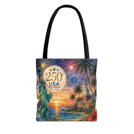 Tote Bag — 250th USA Birthday Patriotic Beach Tote with Statue of Liberty & Fireworks