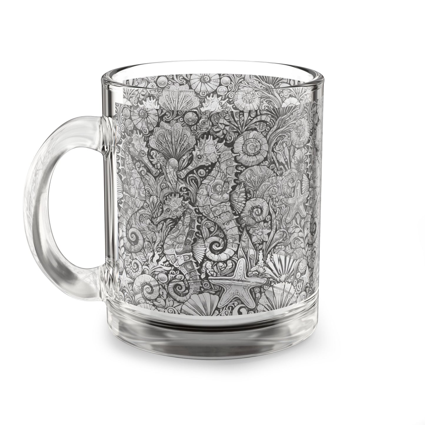 Tropical Glass Mug - 10oz Coffee Cup / Seahorses, Noir