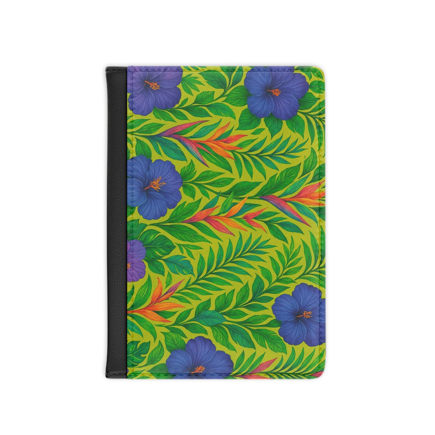 Tropical Passport Cover, Faux Leather - RFID blocking for travel security / Midnight Flowers, Green