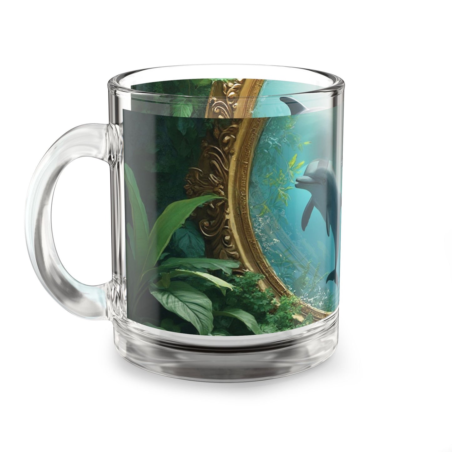 Tropical Glass Mug - 10oz Coffee Cup / Framed Dolphins