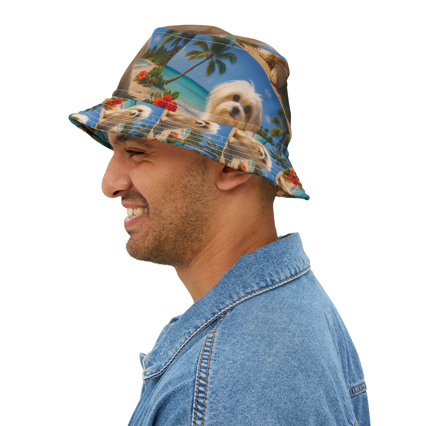 Tropical Polyester Bucket Hat, 2 Sizes - Puppy Ariel the Dog at the Beach