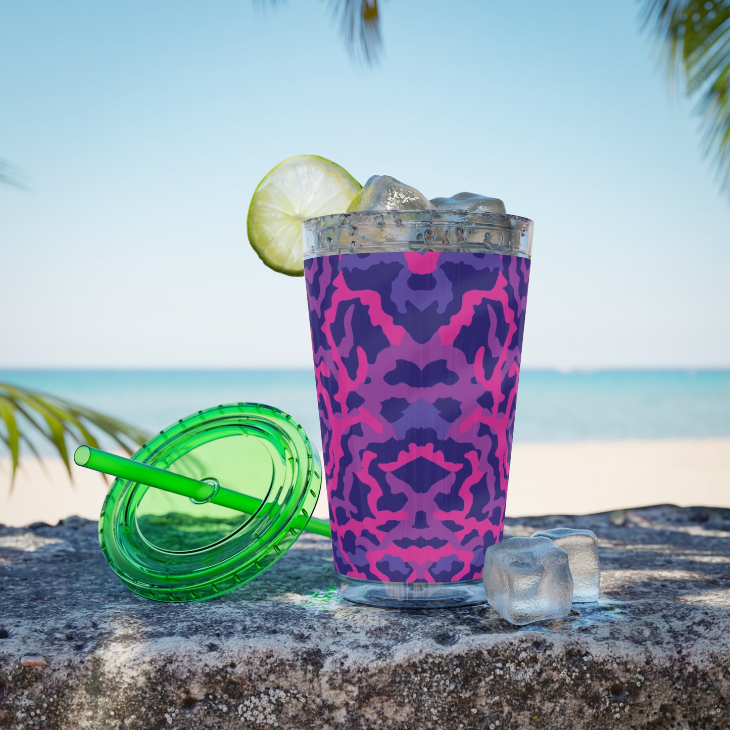 Tropical Tumbler with Straw | 16oz Colorful Travel Cup / Coral Threads, Heatwave