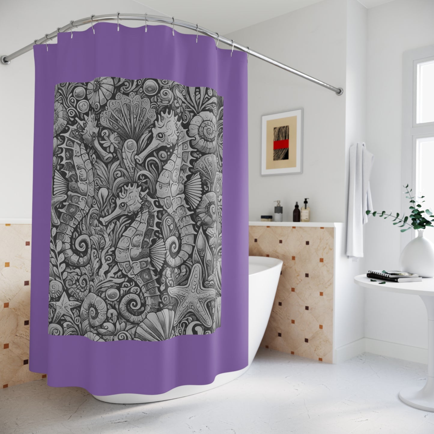 Tropical Shower Curtain - Ocean Bathroom Decor / Seahorse Trio Noir/Lt. Purple