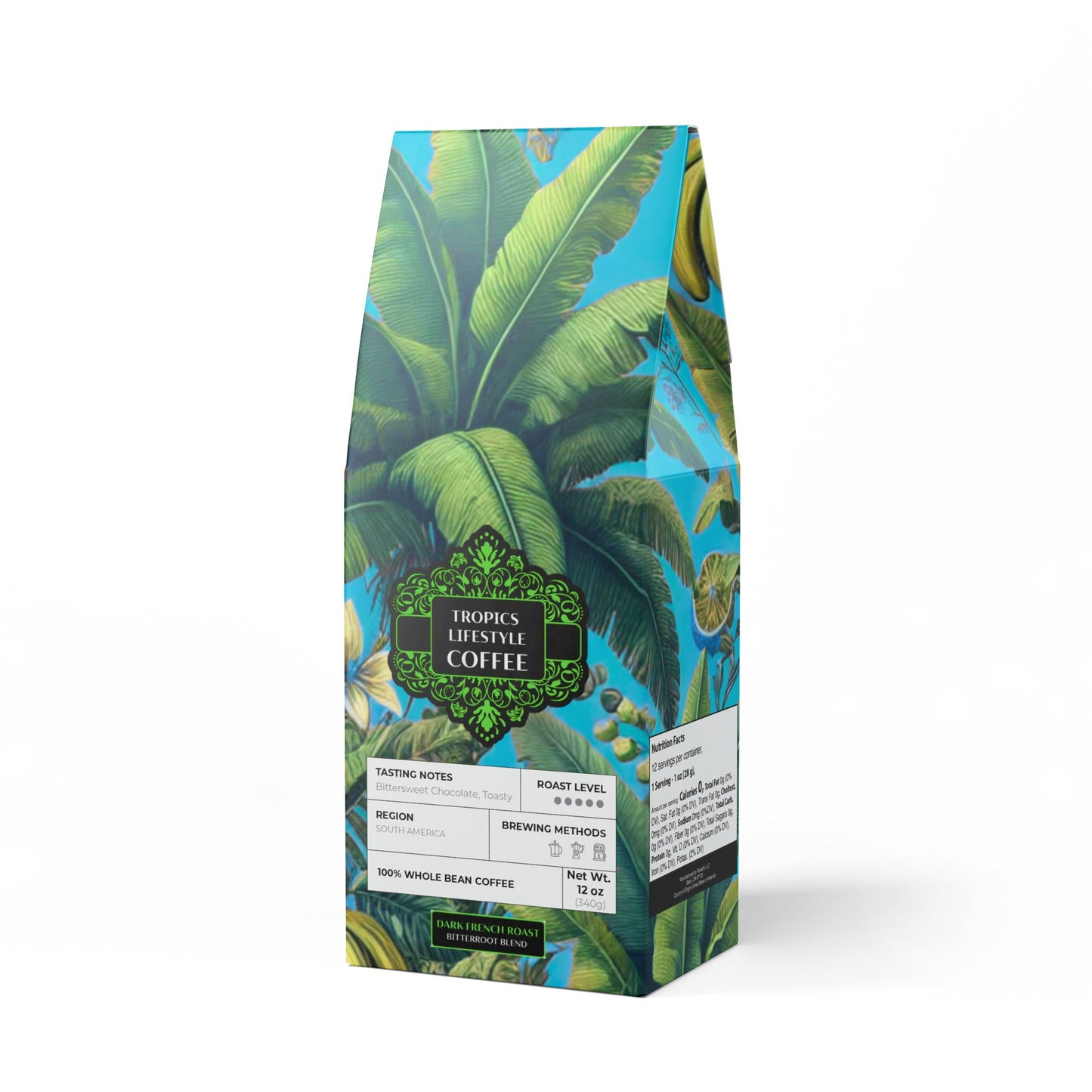 Black Coral Blend™ (Dark French Roast) Specialty Grade Craft Coffee / More Tropical Fruit, Aqua Blue