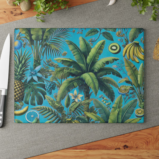 Glass Cutting Board, 2 sizes - More Tropical Fruit, Aqua Blue