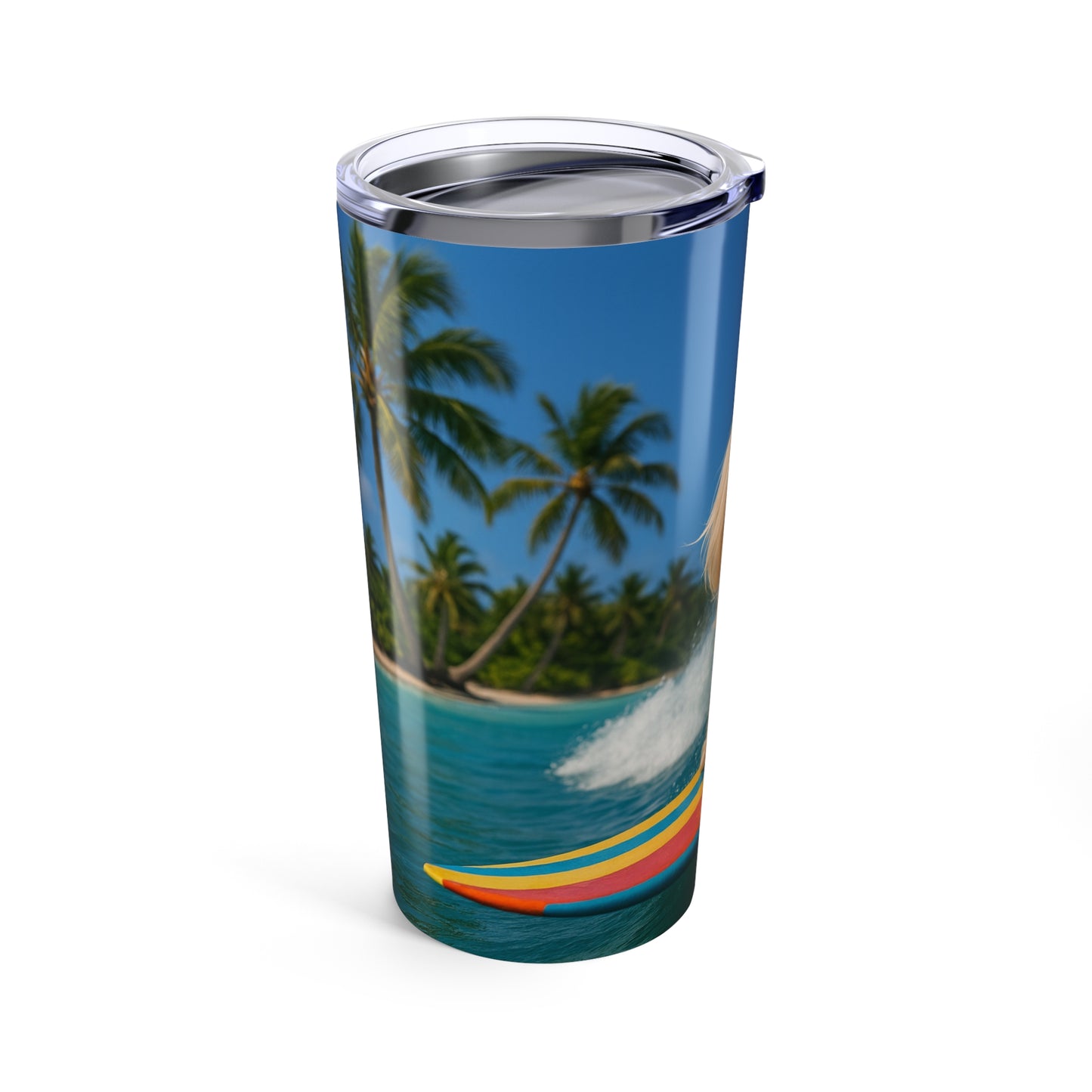 20oz Tropical Glossy Tumbler, Stainless Steel / Puppy Ariel the Dog Surfer