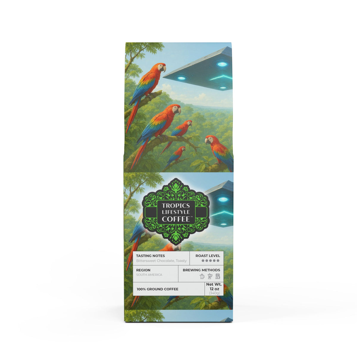 Black Coral Blend™ (Dark French Roast) Specialty Grade Craft Coffee / UFO and Macaws