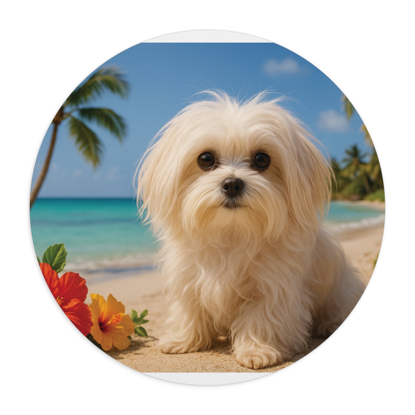 Tropical Mouse Pad, 2 Shapes - Fun Vibes for Home Office & Gamer / Puppy Ariel on the Beach