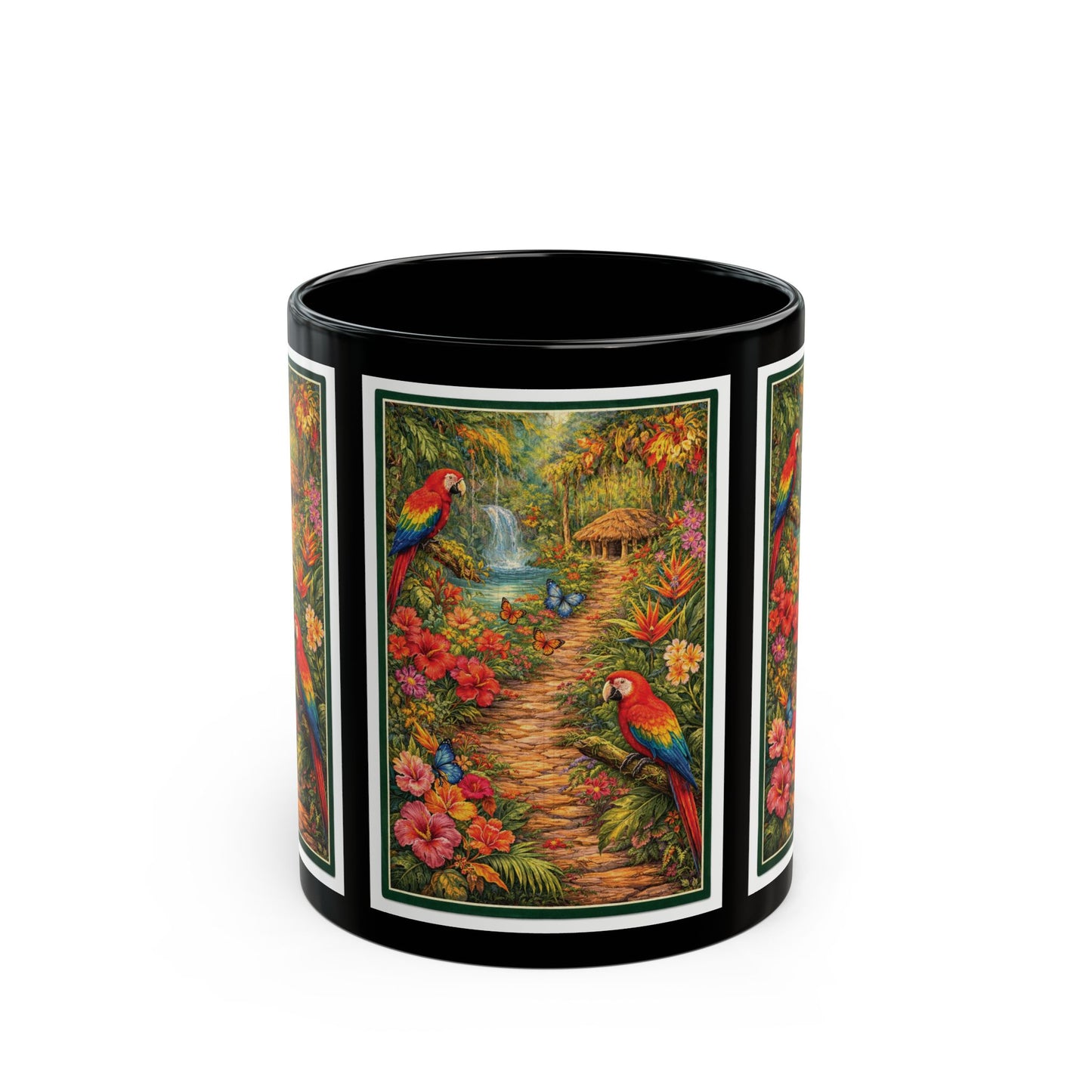 Tropical Parrot Black Mug — Colorful Jungle Scene Coffee Cup (11oz/15oz)