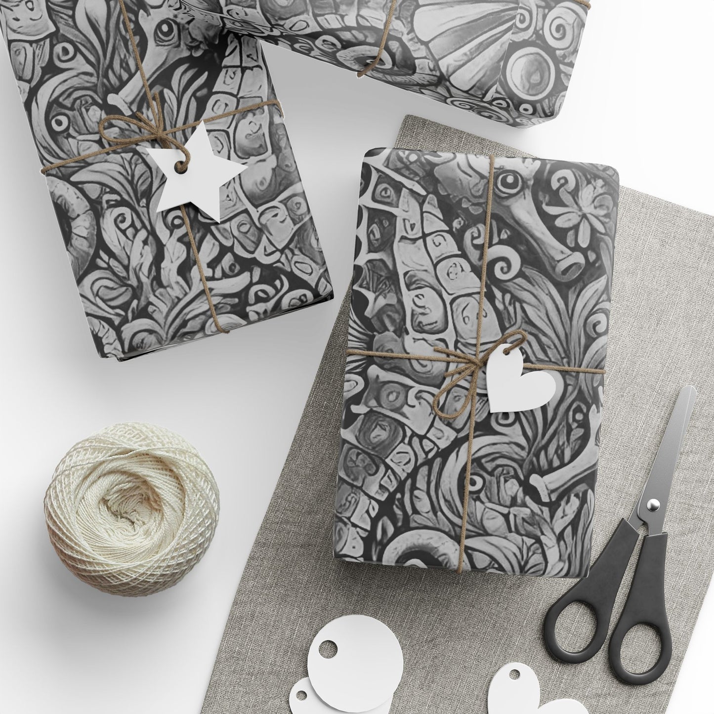 Wrapping Paper - Tropical Gift Wrap for All Occasions, 3 Sizes/2 Finishes / Seahorses Noir