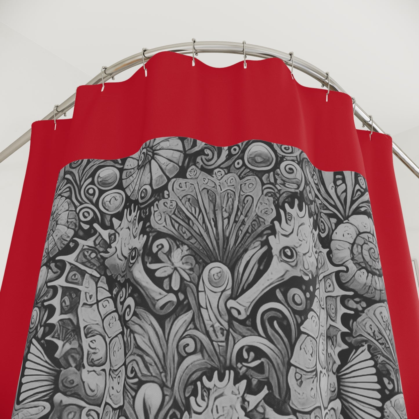 Tropical Shower Curtain - Ocean Bathroom Decor / Seahorse Trio Noir/Dark Red