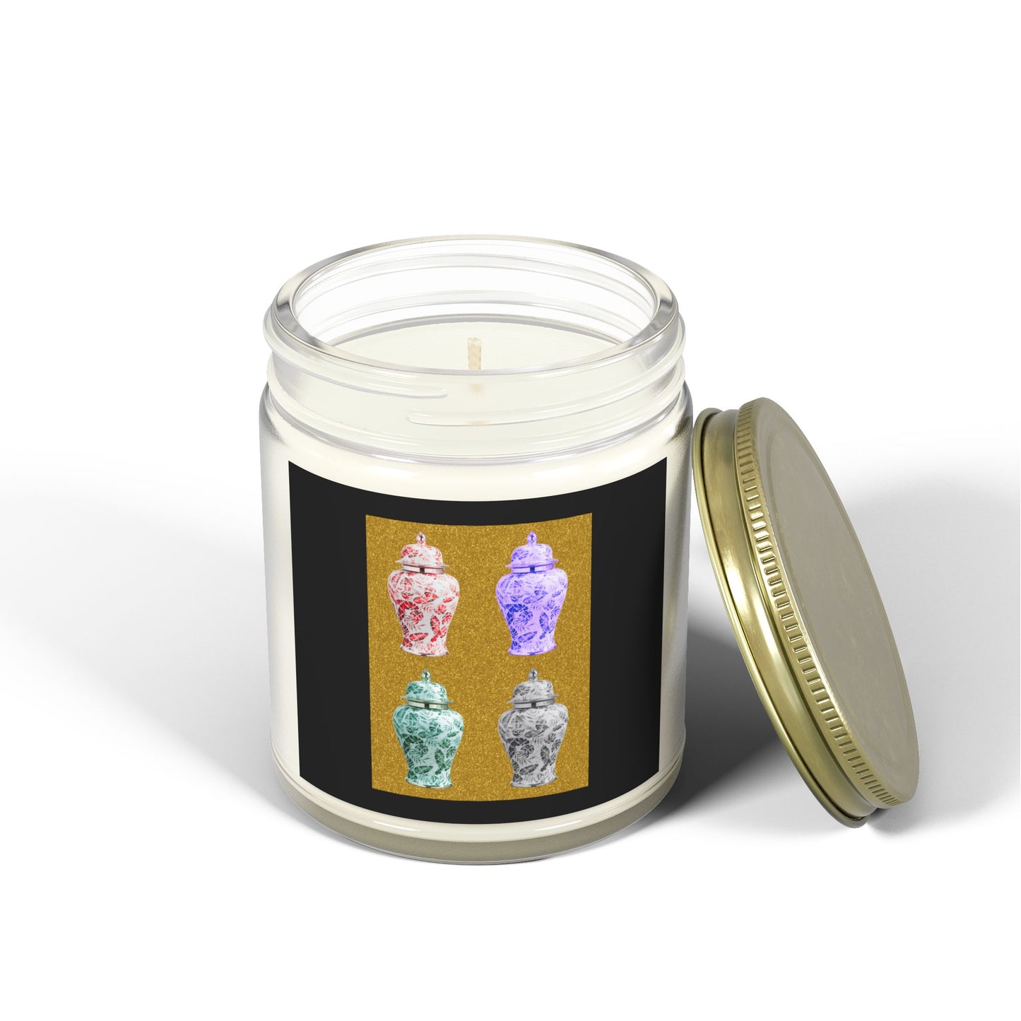 Scented Candles, Coconut Apricot Wax (4oz, 9oz) - Pop Art Tropical Ginger Jars, Gold