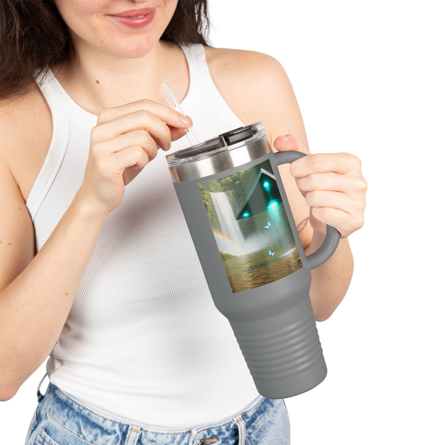 Insulated Travel Mug, 40oz / UFO and Waterfall in Rainforest
