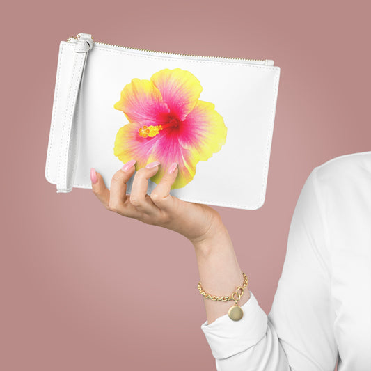 Tropical Faux Leather Clutch Bag - Perfect for Beach Adventures & Summer Vacations / Photo Yellow Hibiscus, White