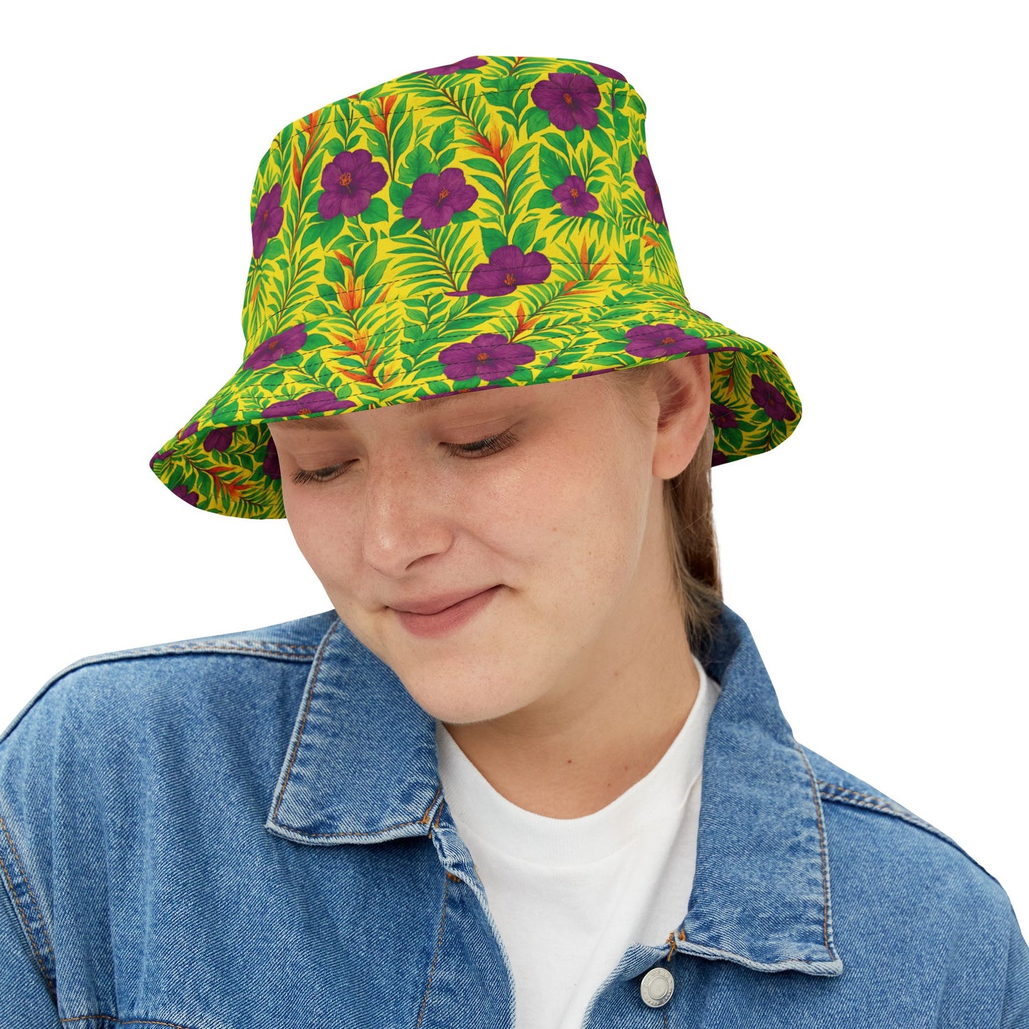 Tropical Polyester Bucket Hat, 2 Sizes - Midnight Flower Yellow