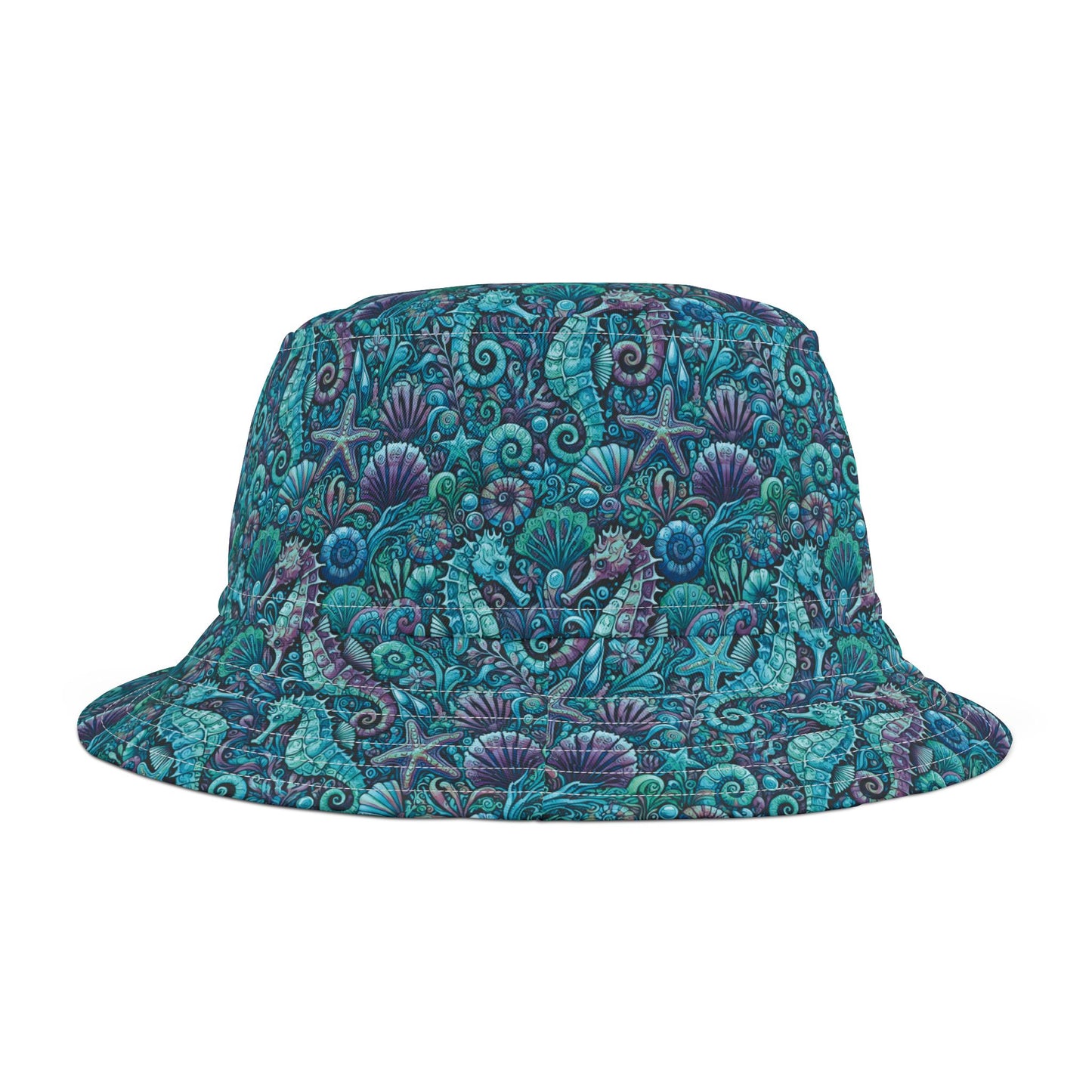 Tropical Polyester Bucket Hat, 2 Sizes - Seahorses Turquoise