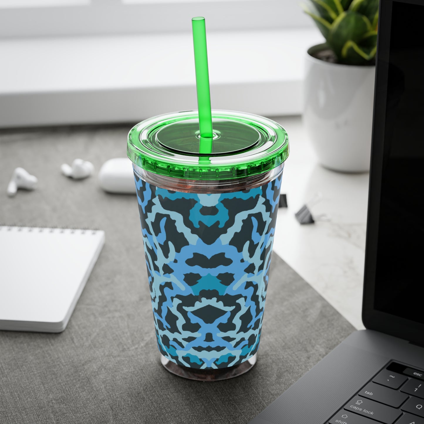 Tropical Tumbler with Straw | 16oz Colorful Travel Cup / Coral Threads, Blue