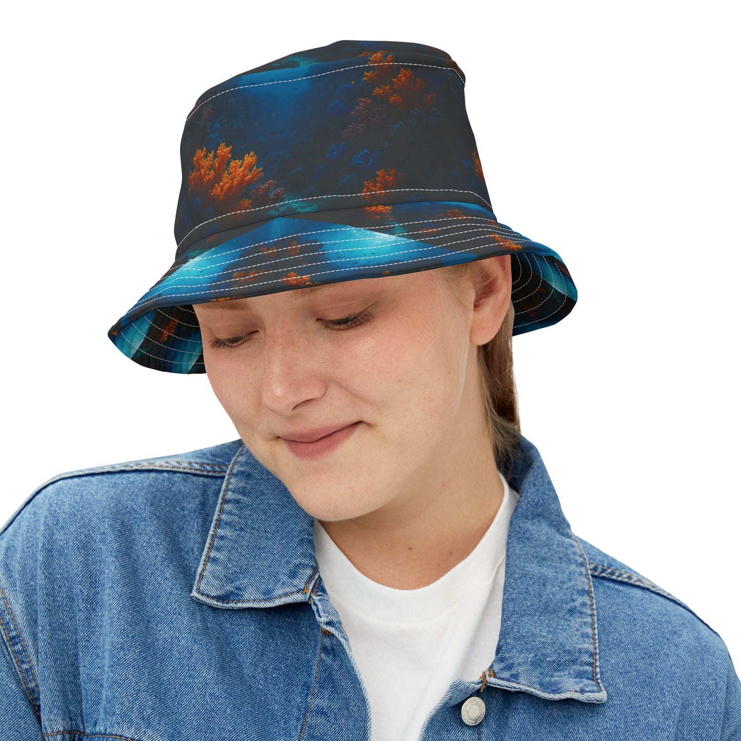 Black and Orange Coral / Polyester Bucket Hat for Beach Lovers