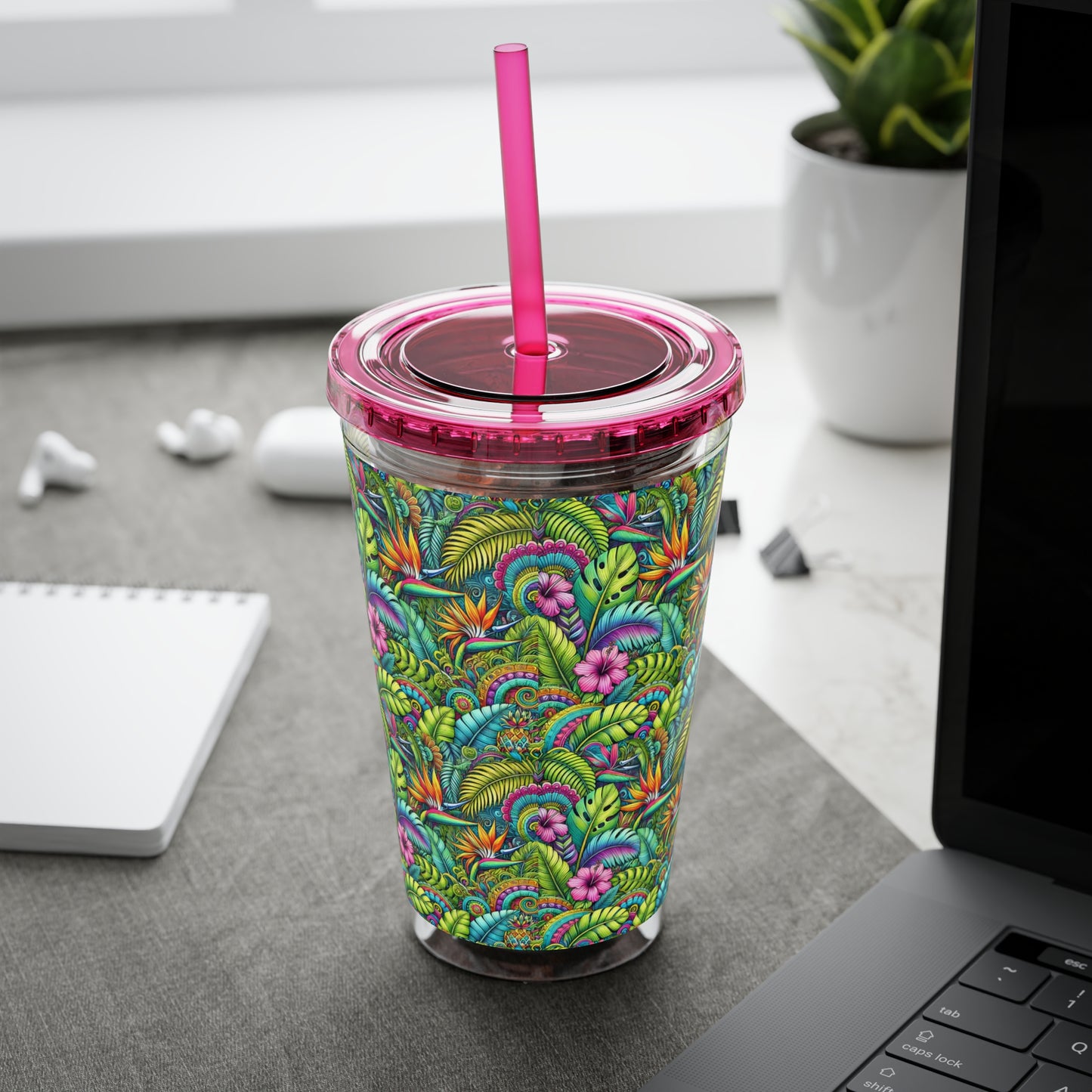 Tropical Tumbler with Straw | 16oz Colorful Travel Cup / Rainforest Blooms