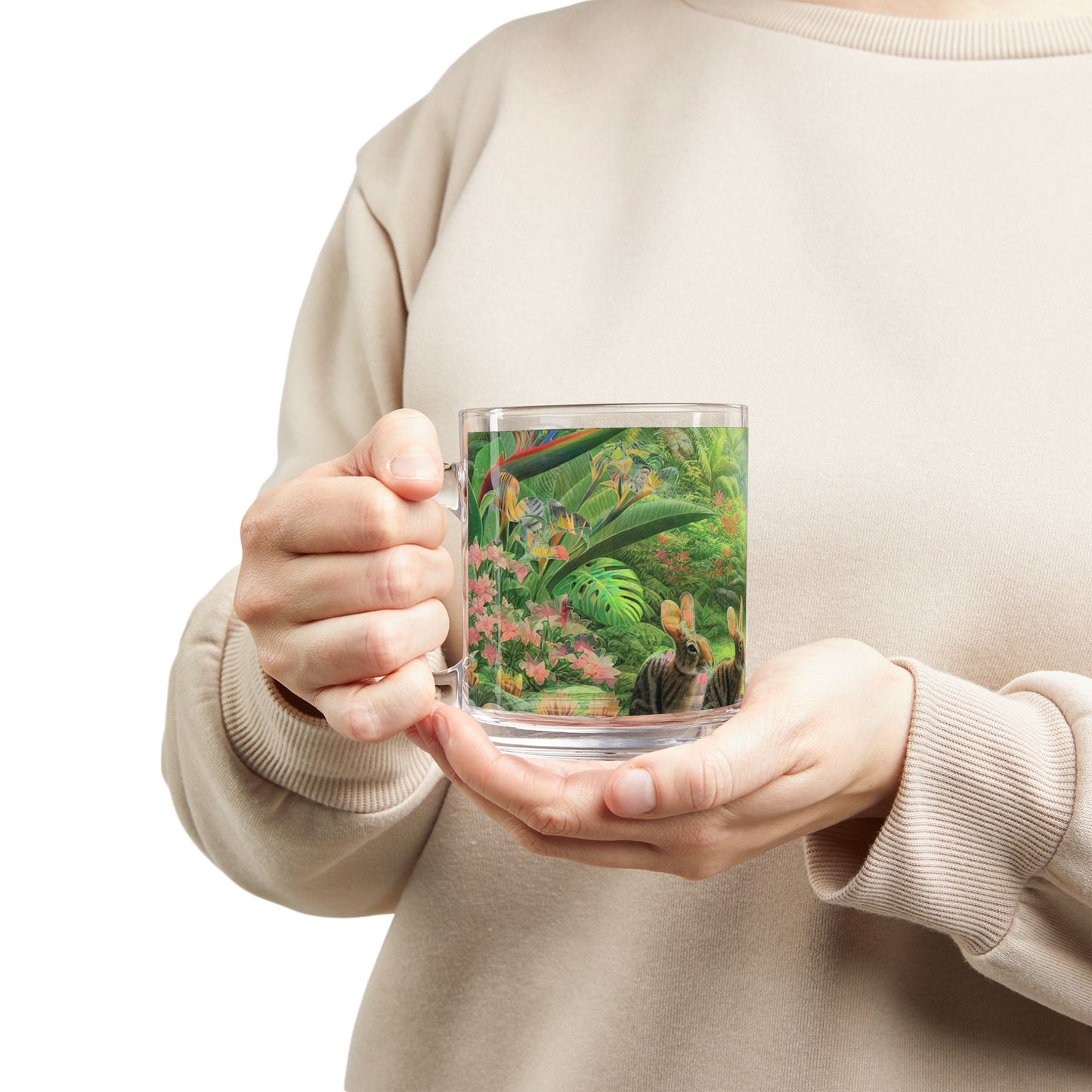 Tropical Glass Mug - 10oz Coffee Cup / Hidden Rabbits