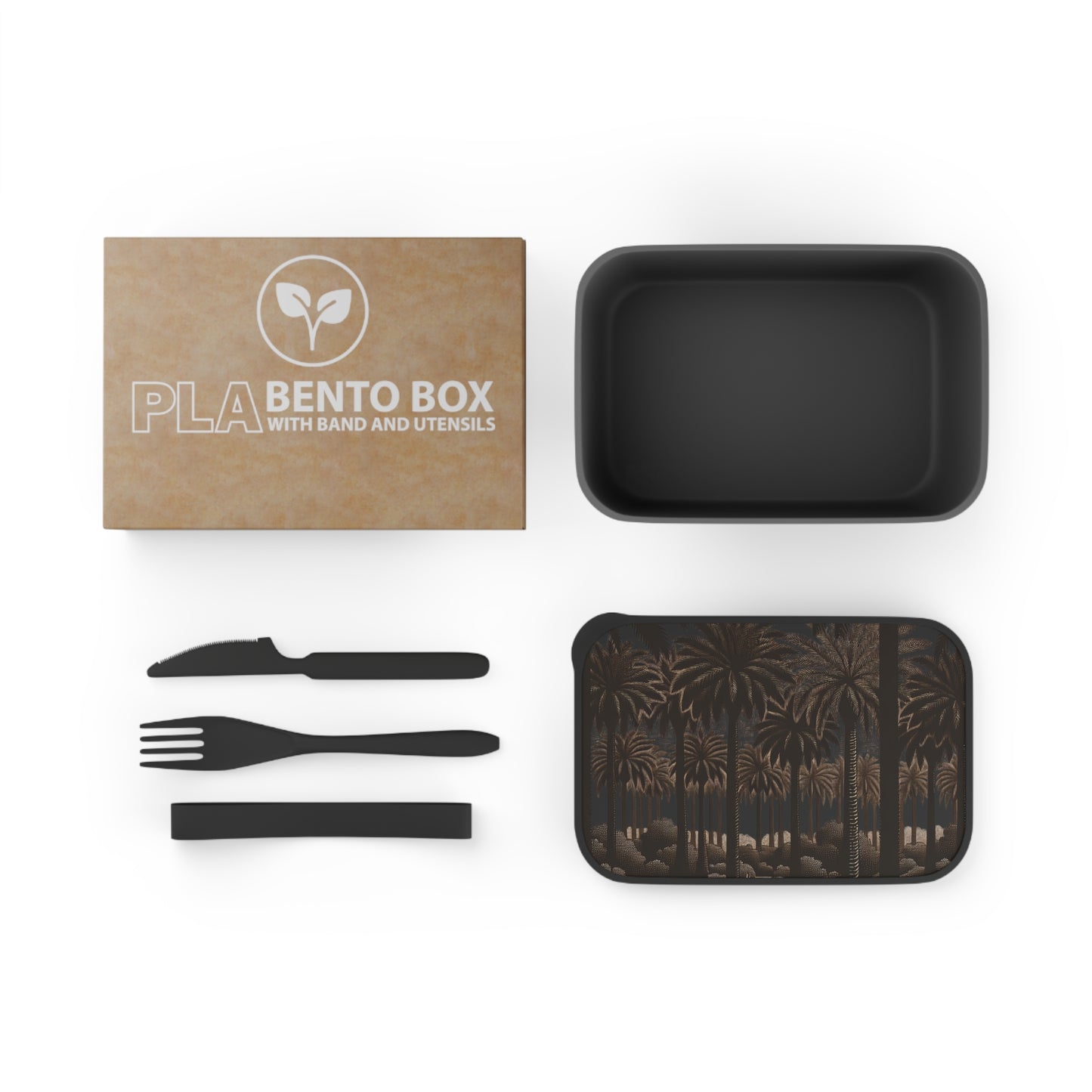 Bento Box with Utensils - Woodcut Palm Grove, Black