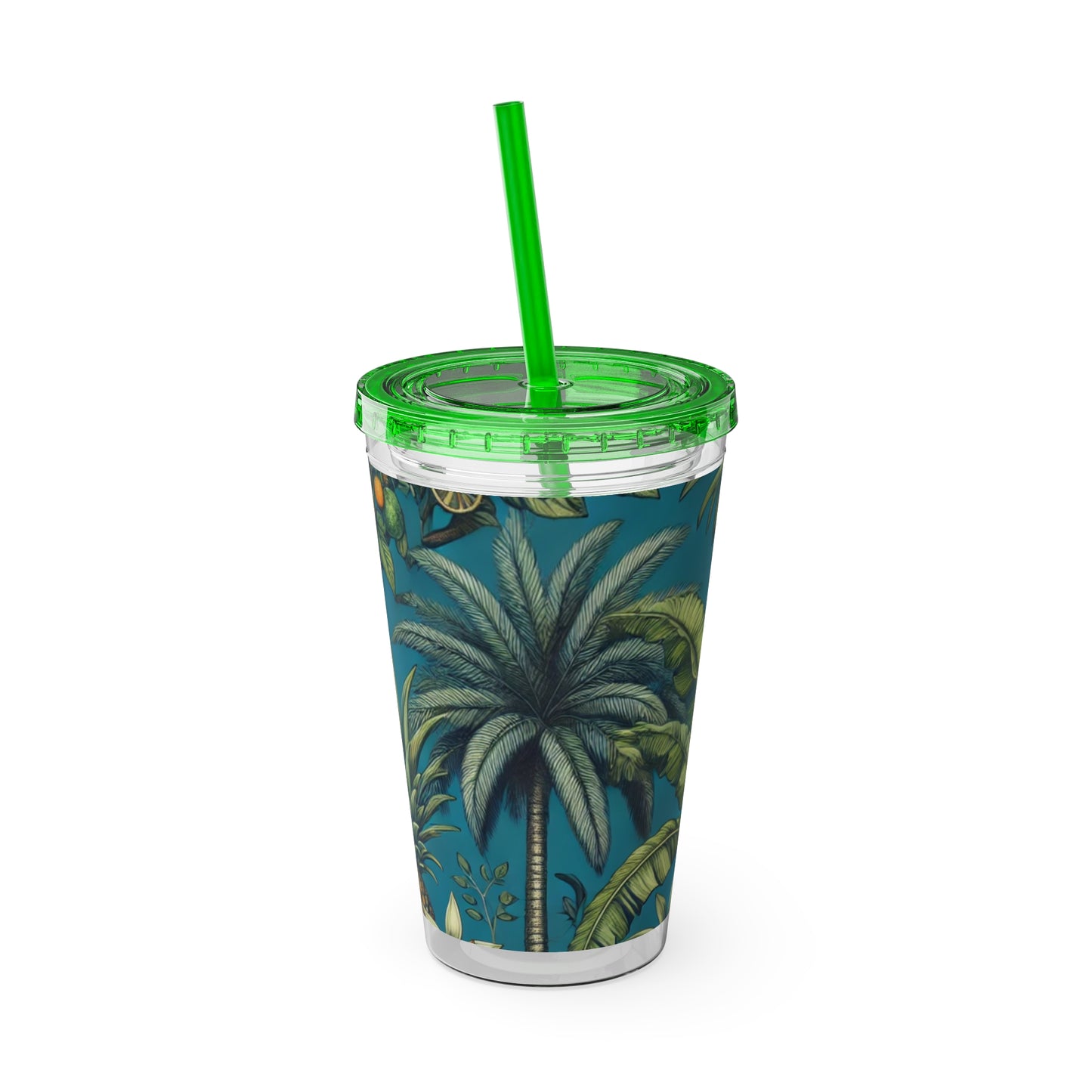 Tropical Tumbler with Straw | 16oz Colorful Travel Cup / Tropical Fruit Blue