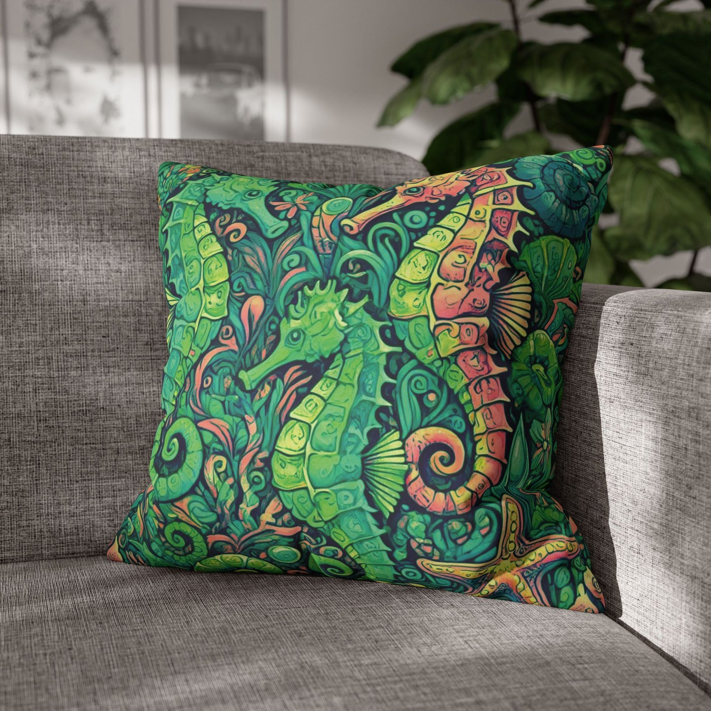 Faux Suede Square Pillowcase - Seahorse Trio/Hot Lime