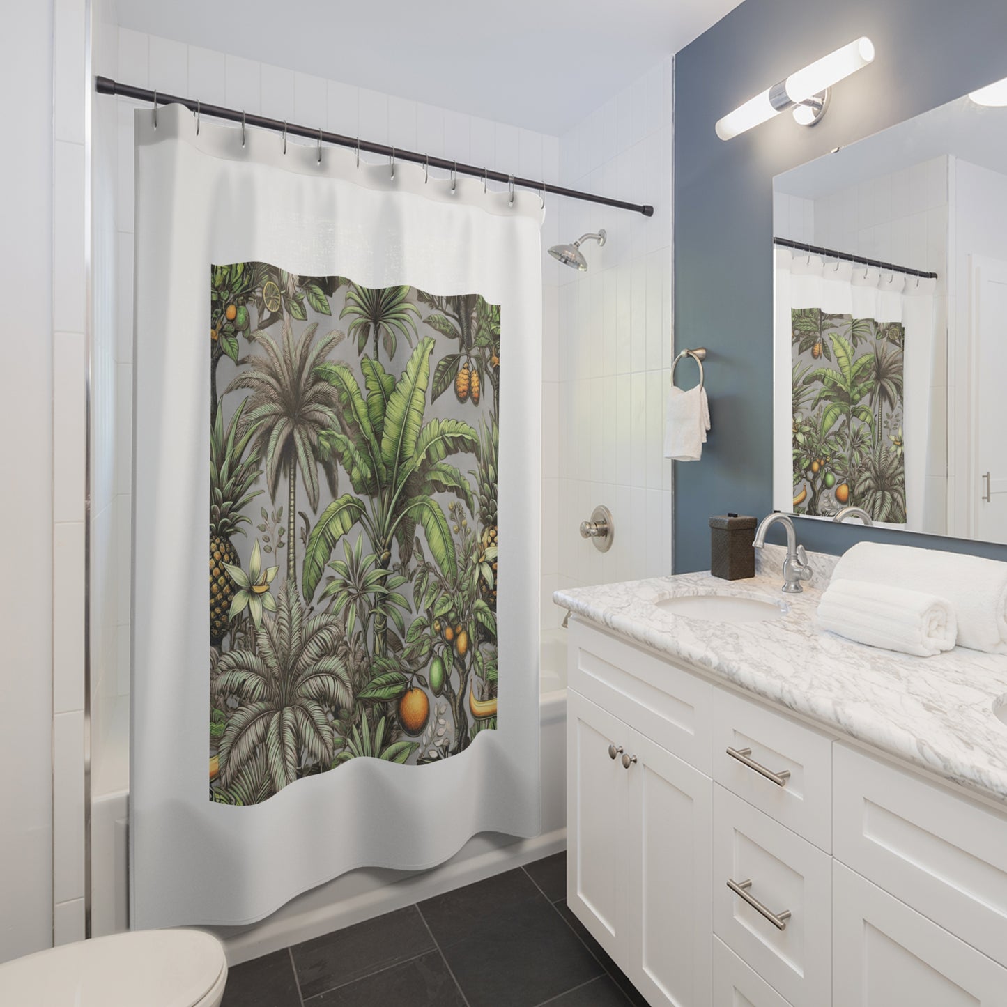 Palm Tree Shower Curtain - Ocean Bathroom Decor / Tropical Fruit/Grey, White