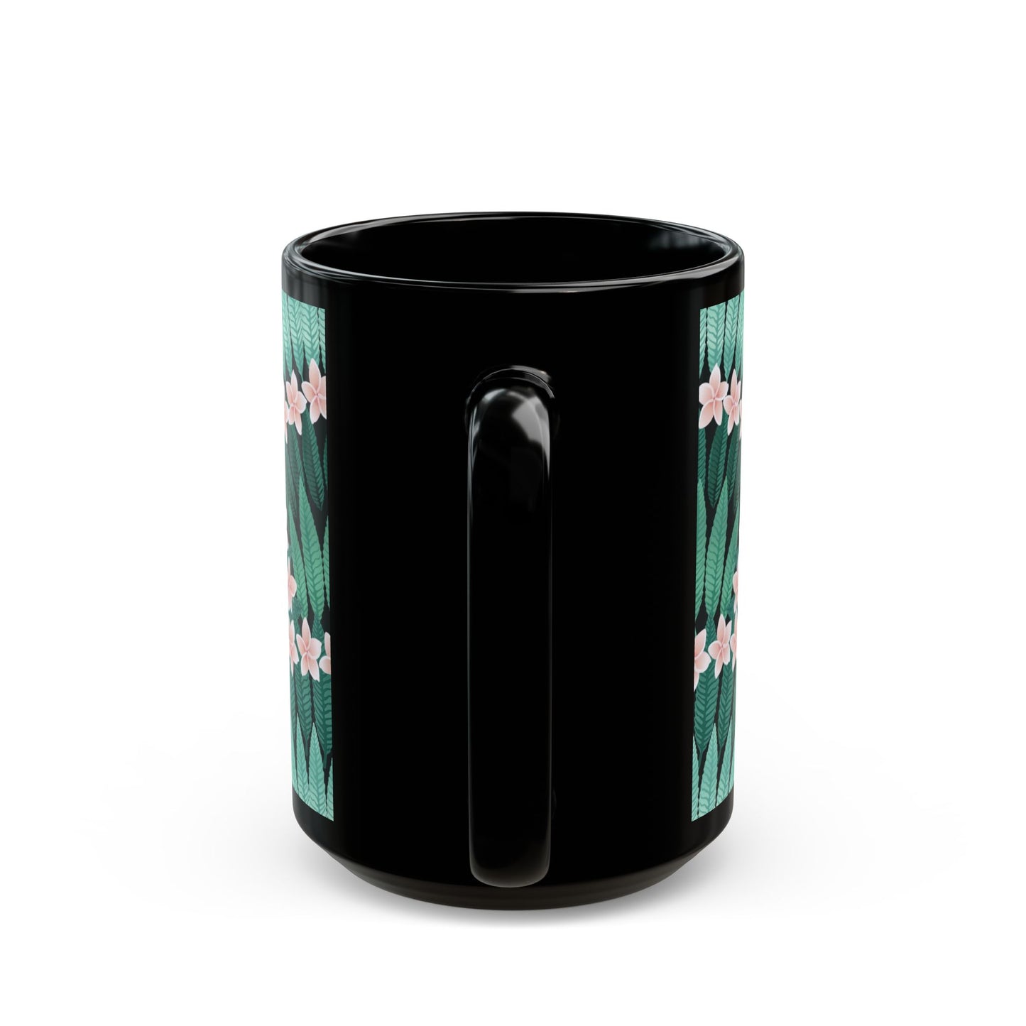 Black Mug (11oz, 15oz), Plumeria and Palms, Evergreen