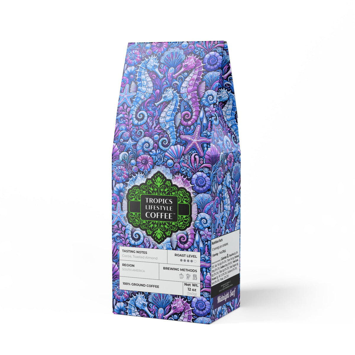 Midnight Surf Blend™ (Medium-Dark Roast) Specialty Grade Craft Coffee / Seahorse Trio, Blue