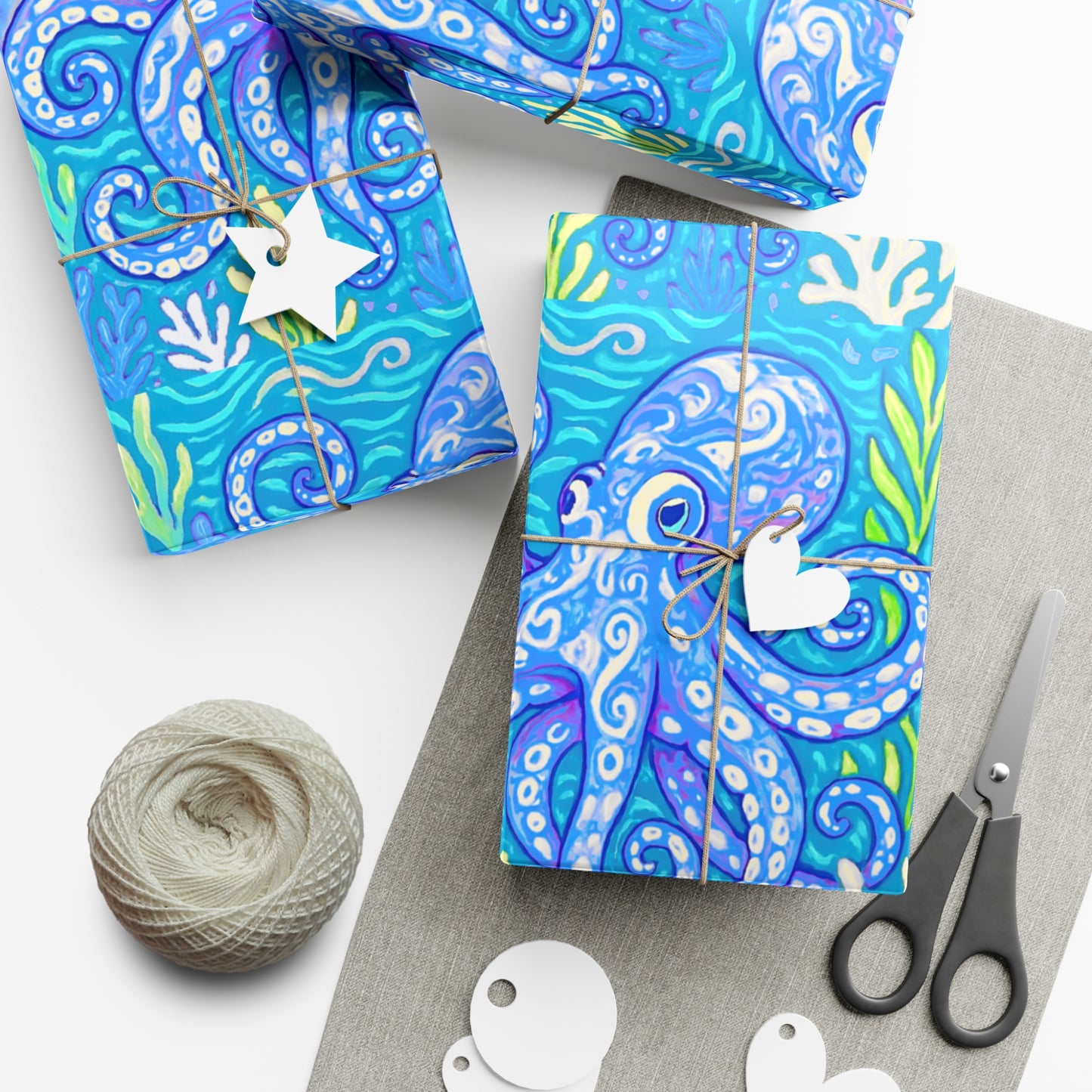 Wrapping Paper - Tropical Gift Wrap for All Occasions / 3 Sizes, 2 Finishes / Octopus Kraken Joe, Blue