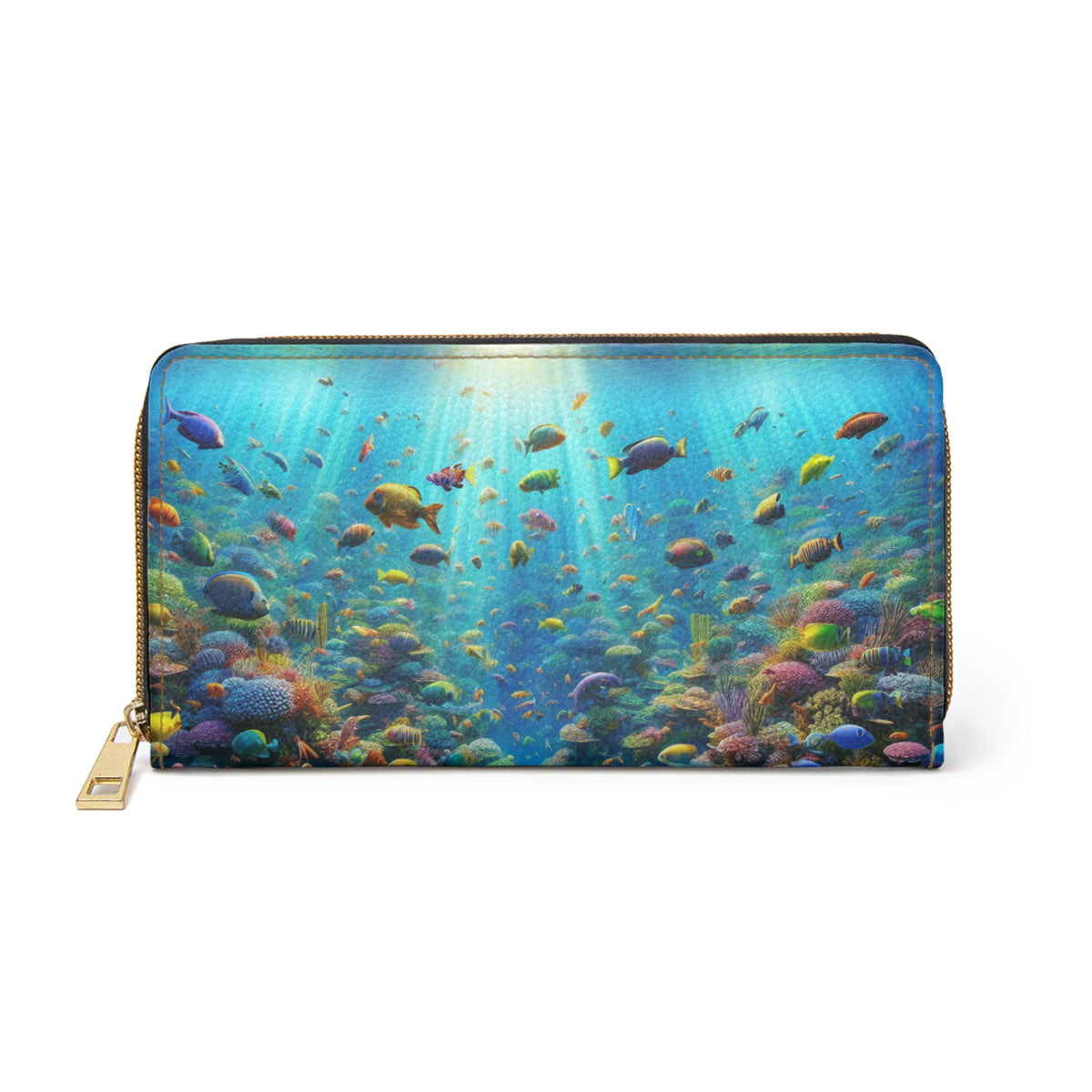 Tropical Zipper Wallet, Faux Leather / Vibrant Clutch / Busy Coral Reef