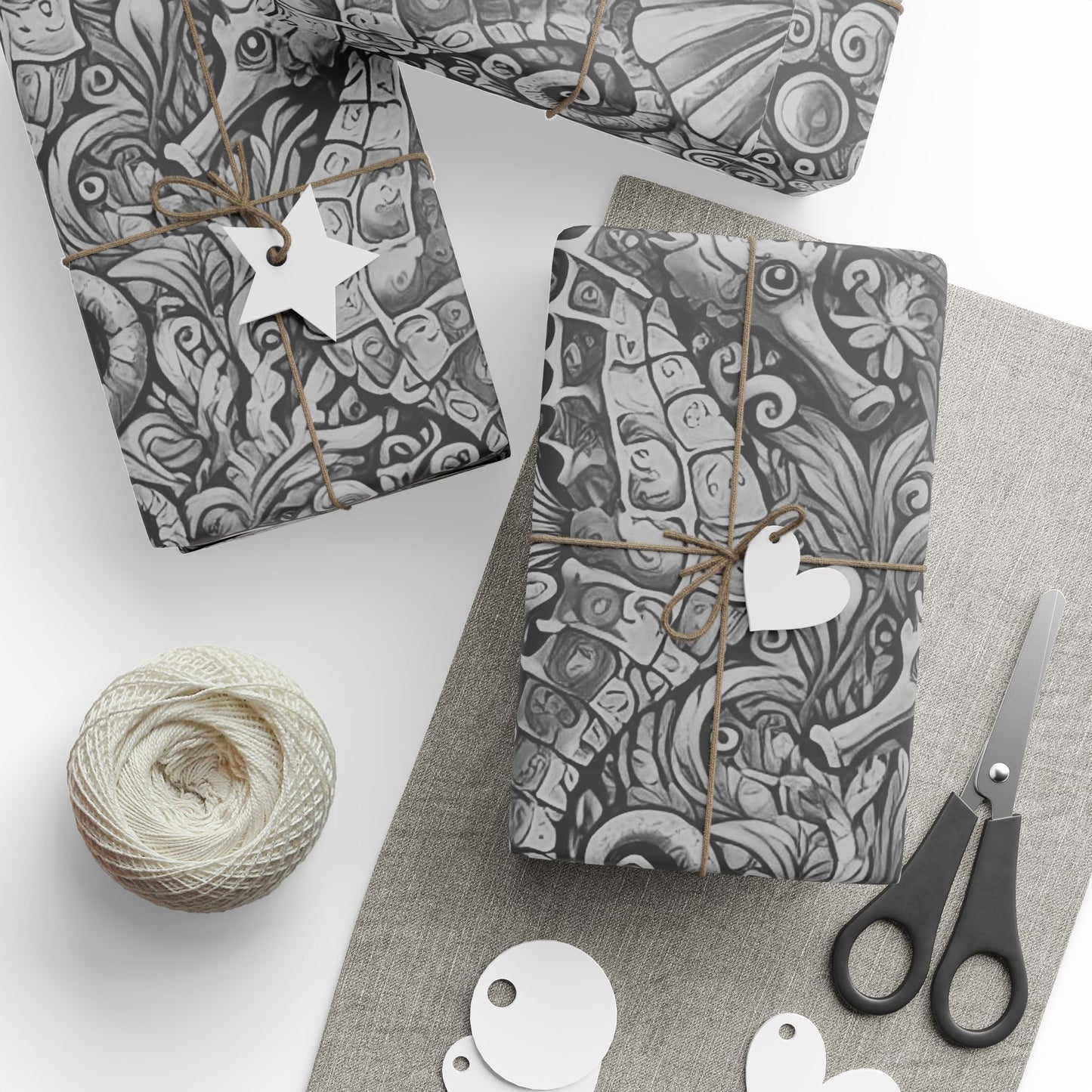 Wrapping Paper - Tropical Gift Wrap for All Occasions, 3 Sizes/2 Finishes / Seahorses Noir
